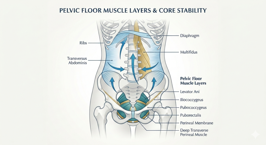 Anatomical diagram of pelvic floor muscle layers and their connection to core stability for intimate health.