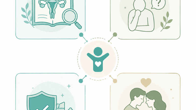 Diagram showing PureInti four content pillars covering sexual health basics, common concerns, prevention, and relationships