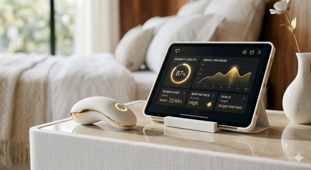 Luxury lifestyle shot of a PureInti smart trainer next to a tablet displaying a minimalist biofeedback data dashboard.