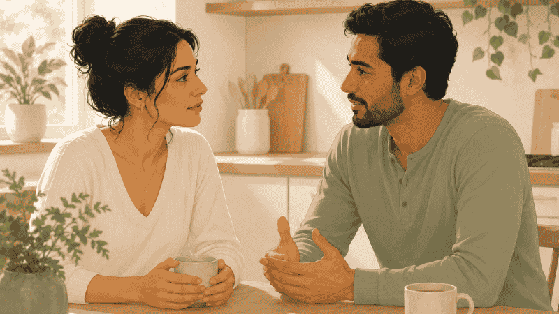 Couple sitting together having a calm open conversation representing healthy relationship communication