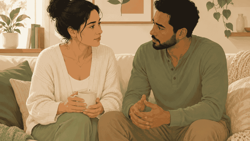 Couple having an honest conversation about sexual health in a private comfortable home setting