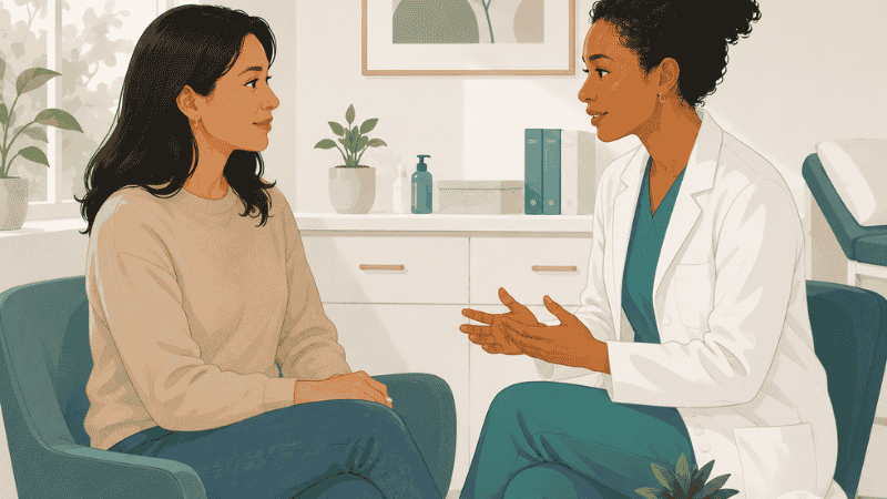 Adult having an open conversation with a healthcare provider about sexual health in a modern clinic setting