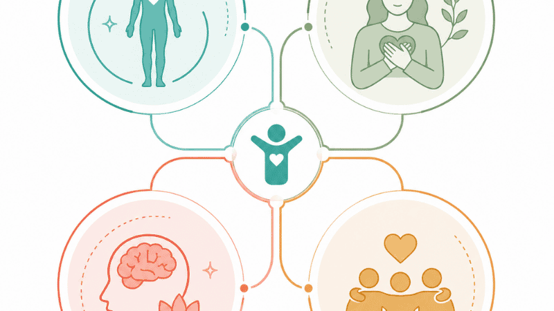 Diagram showing the WHO sexual health framework with four dimensions: physical, emotional, mental, and social well-being