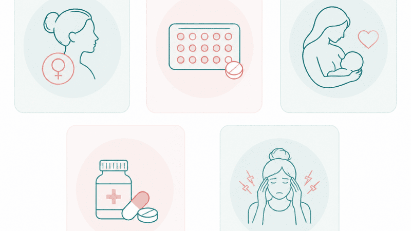 Illustration showing five common causes of vaginal dryness including hormones, birth control, and medications
