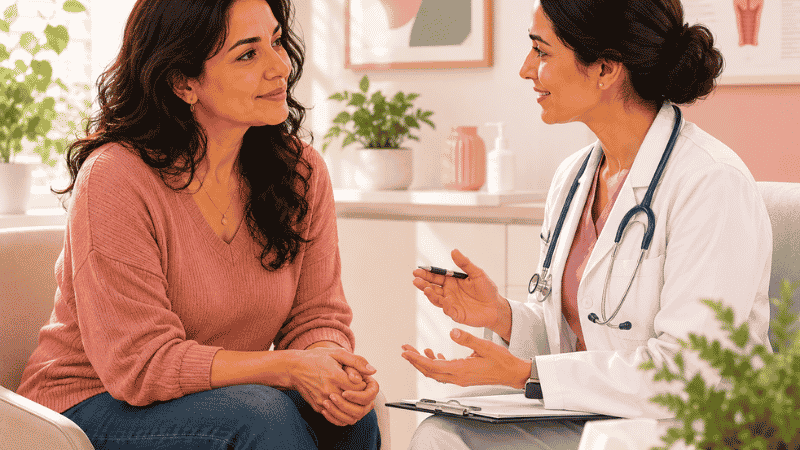 Woman speaking openly with a gynecologist about vaginal dryness and intimate health concerns