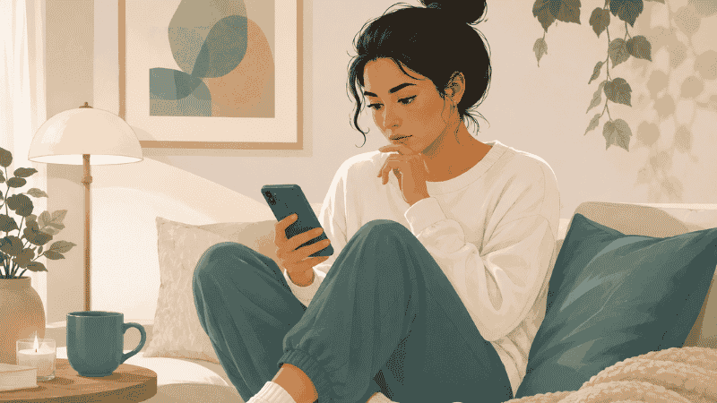 Young adult privately researching herpes symptoms representing STI awareness and sexual health education