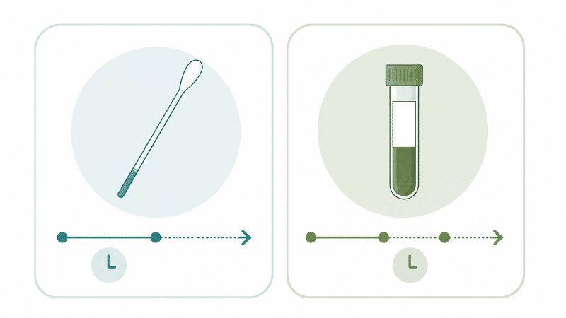 Illustration comparing herpes swab test for active outbreaks versus blood antibody test for past exposure