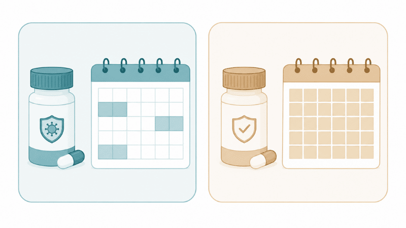 Illustration comparing episodic herpes antiviral treatment versus daily suppressive therapy approaches