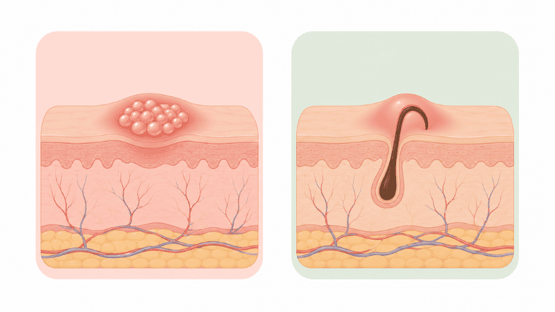 Medical illustration comparing herpes lesion characteristics versus ingrown hair appearance for clinical distinction