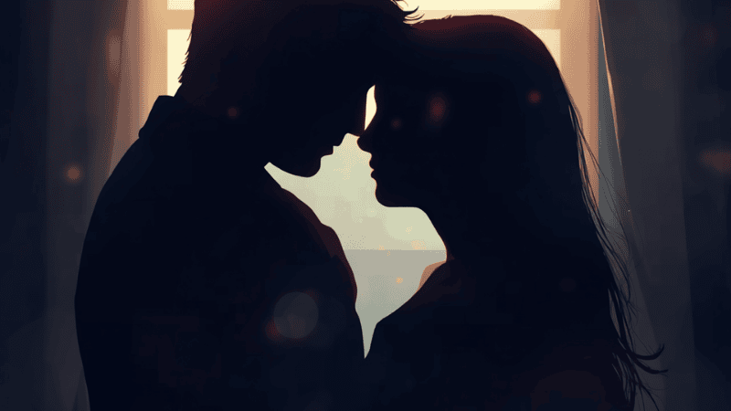 A minimalist and neutral illustration of a couple’s silhouettes leaning toward each other, symbolizing emotional presence, trust, and intimate connection.
