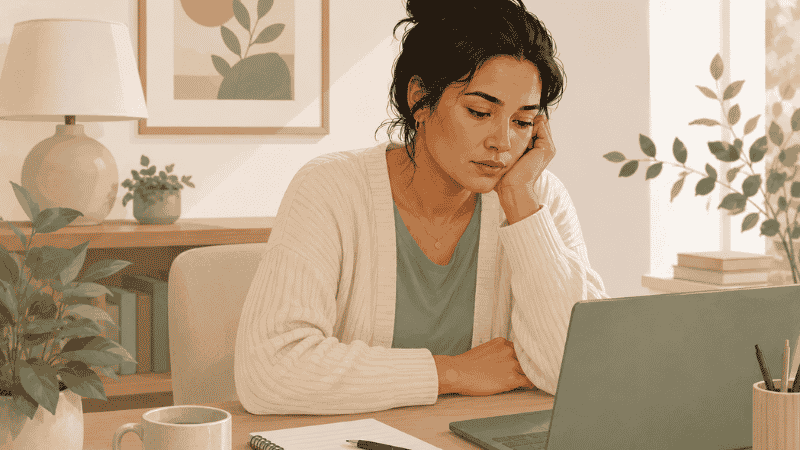 Woman looking thoughtful and fatigued representing low testosterone symptoms in women and hormonal health