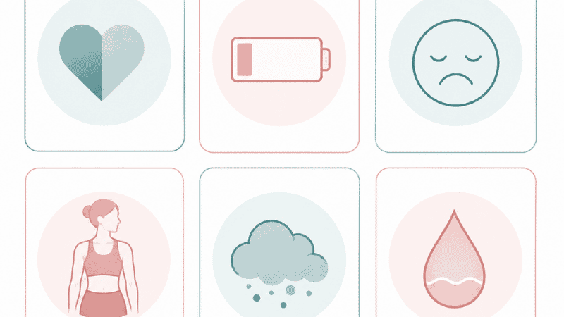 Illustration showing six common symptoms of low testosterone in women including low libido, fatigue, and low mood