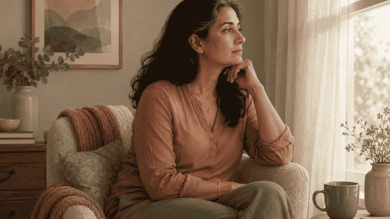 Woman in her 40s sitting thoughtfully by a window representing perimenopause libido changes and women's sexual health