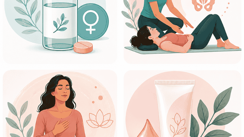 Illustration showing four evidence-based treatment options for perimenopause low libido including hormone therapy and pelvic floor therapy