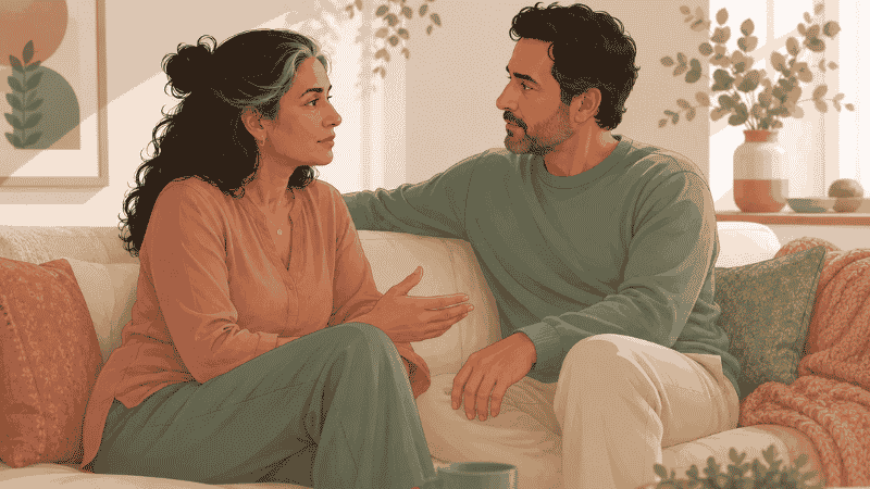 Couple having an open conversation about perimenopause libido changes representing relationship communication and intimacy health