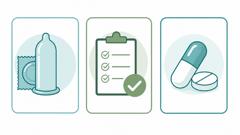 Illustration showing three syphilis prevention methods: condom use, regular STI testing, and doxy-PEP post-exposure prophylaxis