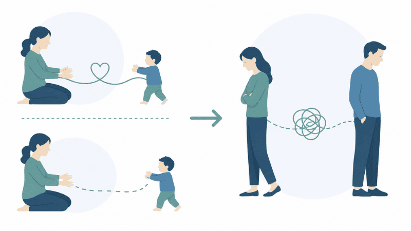 Illustration showing how anxious attachment develops from childhood caregiver patterns and transfers into adult relationships