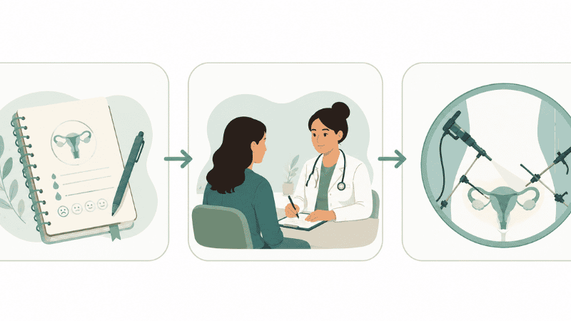 Illustration showing the three-step endometriosis diagnosis pathway from symptom tracking to clinical assessment to laparoscopy