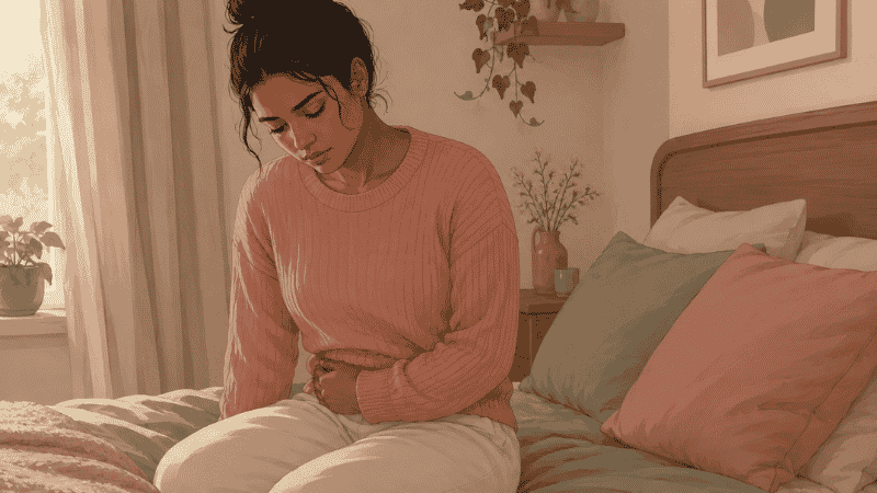 Woman sitting holding her abdomen representing endometriosis symptoms and chronic pelvic pain in women