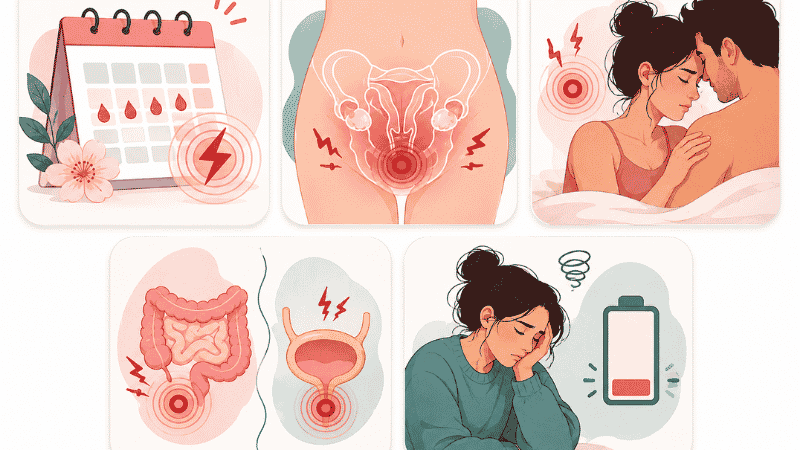 Illustration showing five key signs of endometriosis including severe period pain, pelvic pain, painful sex, and fatigue