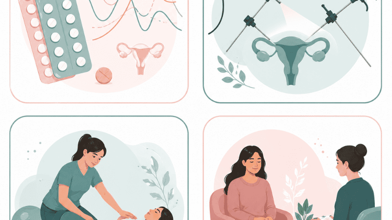 Illustration showing four endometriosis treatment options: hormonal management, laparoscopic surgery, pelvic floor therapy, and psychological support