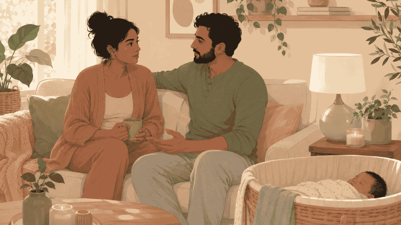 Couple sitting together with newborn nearby having an open conversation representing postpartum intimacy and relationship communication