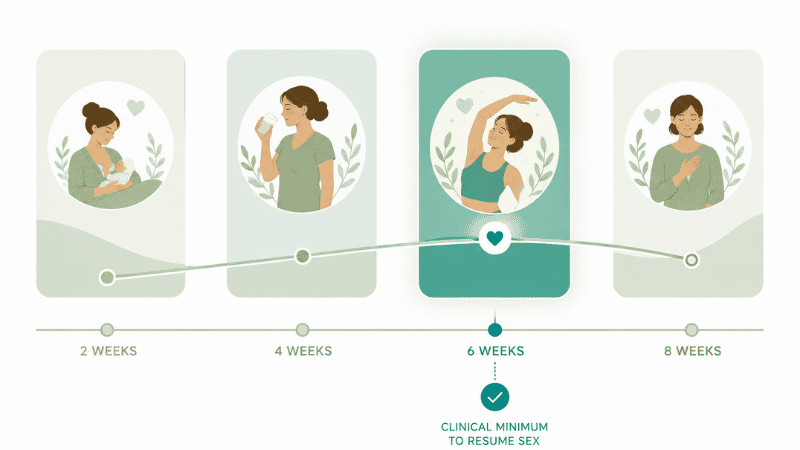 Timeline illustration showing postpartum recovery milestones and the six-week minimum before resuming sex after birth