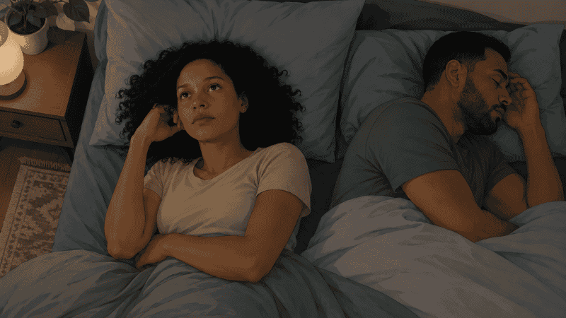 Woman lying awake at night with relationship anxiety while partner sleeps representing anxious thoughts in a good relationship