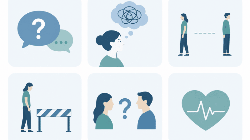 Illustration showing six common relationship anxiety symptoms including reassurance-seeking, overthinking, and fear of abandonment