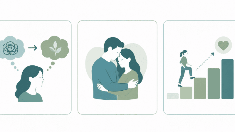 Illustration showing three evidence-based relationship anxiety therapy approaches: CBT, Emotionally Focused Therapy, and ERP for ROCD
