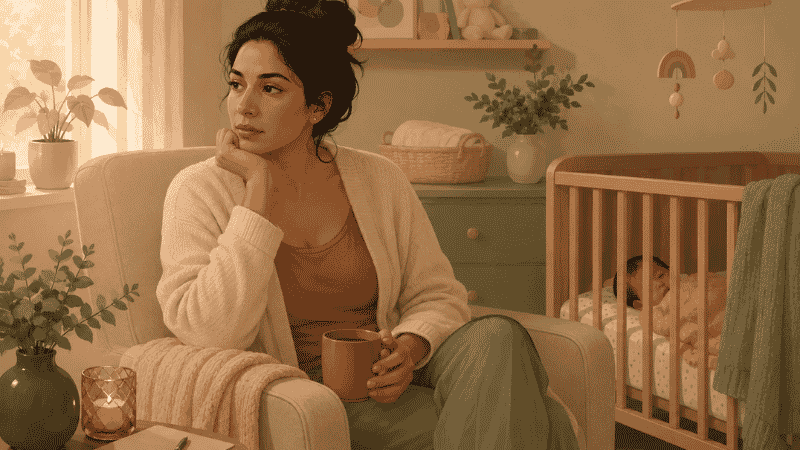 New mother sitting thoughtfully in a nursery representing postpartum sexual health and intimacy questions after birth