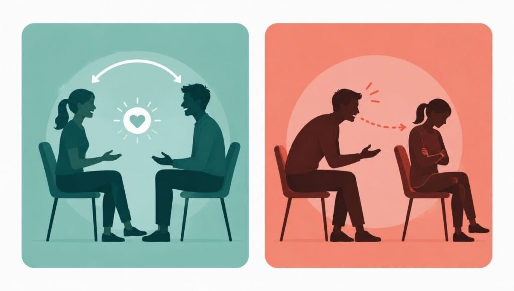 Illustration contrasting enthusiastic consent showing mutual engagement versus coercion showing pressure and withdrawal
