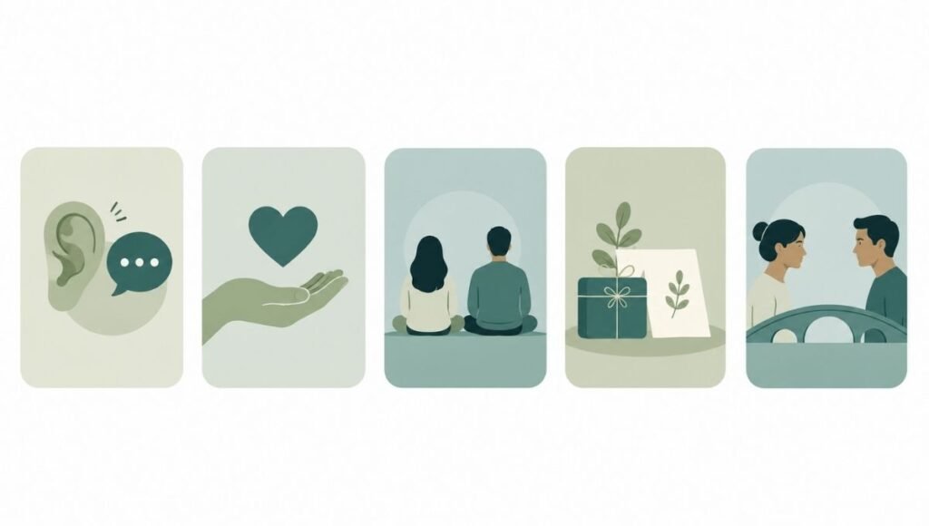 Illustration showing five emotional intimacy examples including genuine listening, shared vulnerability, and comfortable silence
