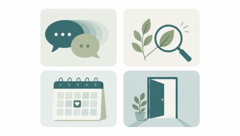 Illustration showing four emotional intimacy exercises: the 36 Questions, appreciation practice, daily check-in ritual, and vulnerability invitation
