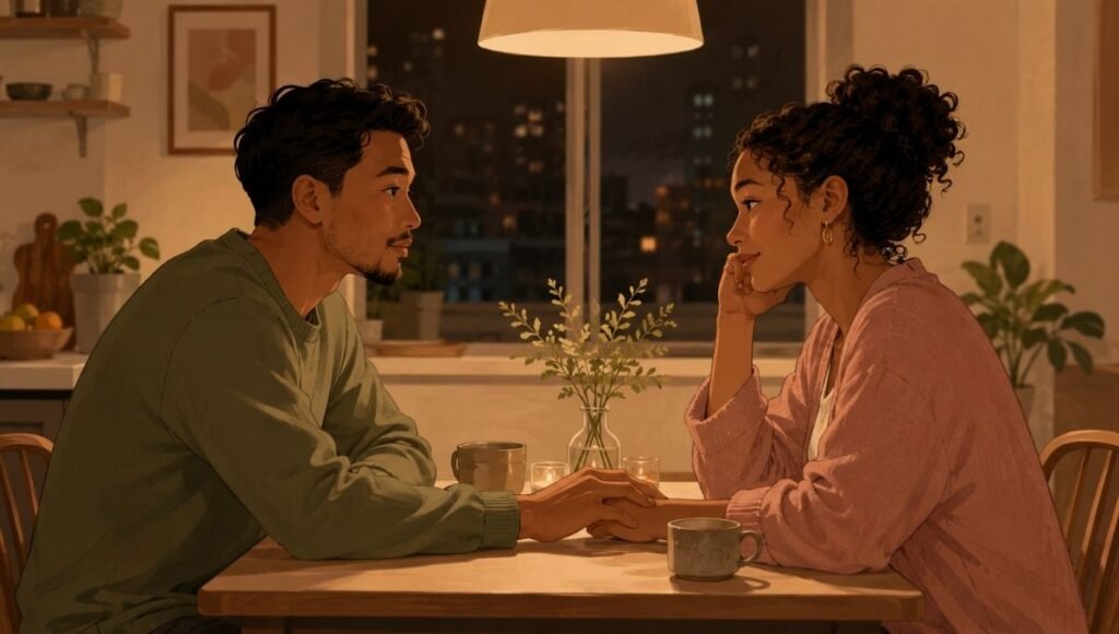 Couple sitting together at a table with genuine attention and connection representing emotional intimacy in a relationship