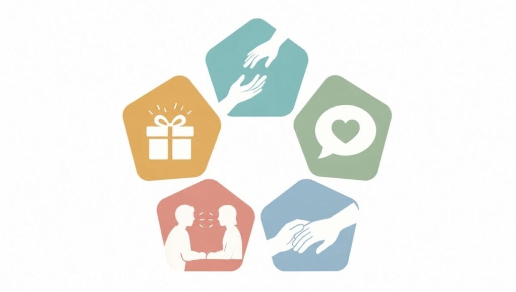 Illustration showing the five love languages: acts of service, words of affirmation, quality time, physical touch, and receiving gifts
