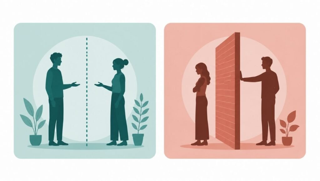 Illustration contrasting healthy relationship boundaries showing open communication versus unhealthy boundaries showing control
