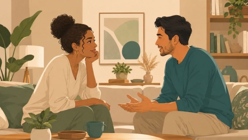 Couple having an open conversation about love languages and how they prefer to give and receive love in their relationship
