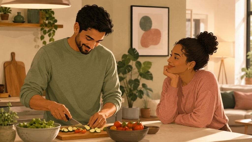 Couple in a home setting with one partner doing something thoughtful representing acts of service love language and everyday care