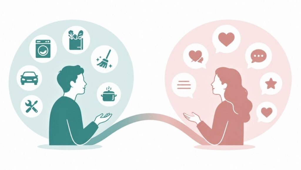 Illustration showing two partners speaking different love languages with a bridge representing understanding and connection
