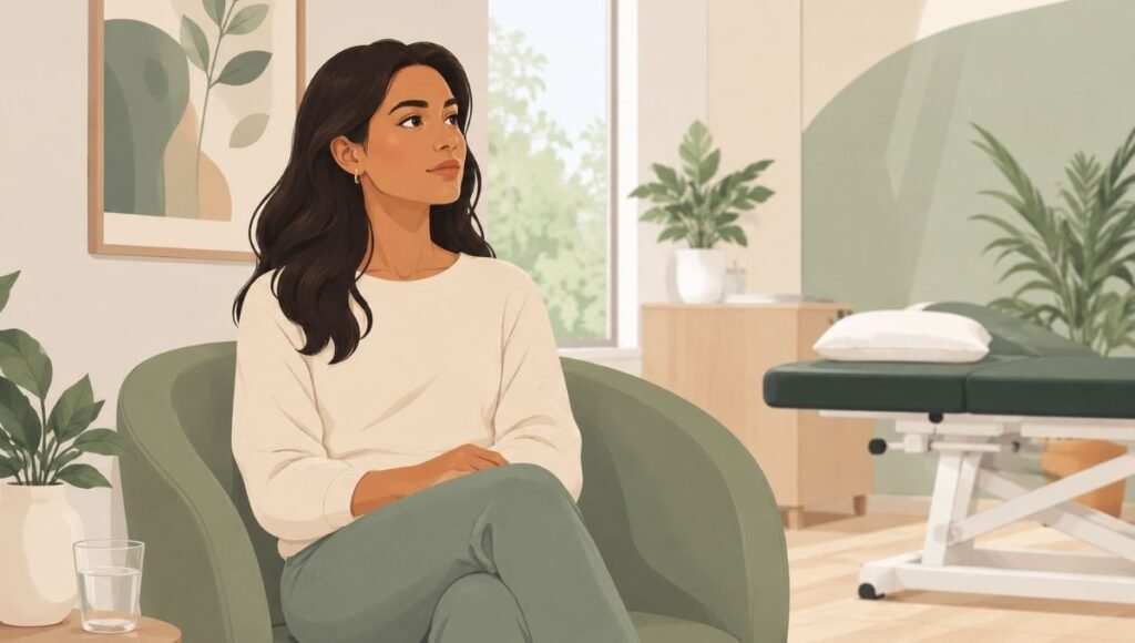 Woman sitting in a physiotherapy clinic representing pelvic floor dysfunction awareness and seeking specialist treatment