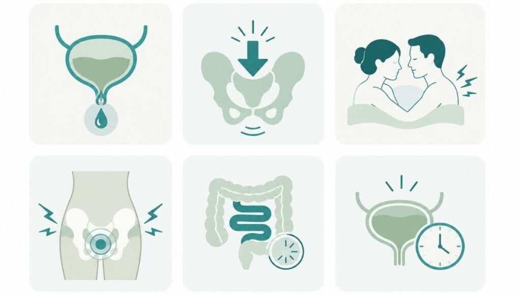 Illustration showing six pelvic floor dysfunction symptoms including urinary leakage, pelvic pain, painful sex, and bowel difficulty