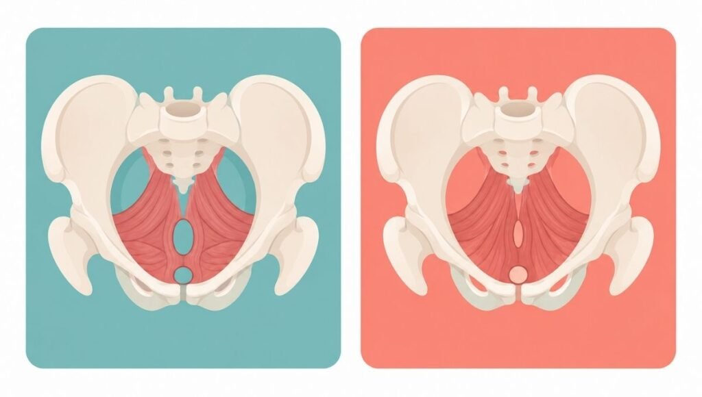 Medical illustration comparing two types of pelvic floor dysfunction: hypotonicity showing weakness versus hypertonia showing excessive tension