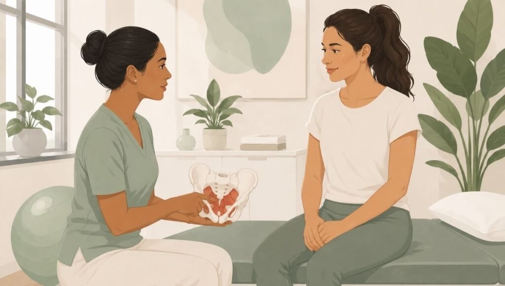 Pelvic floor physiotherapist working with a patient in a modern clinic representing specialist treatment for pelvic floor dysfunction