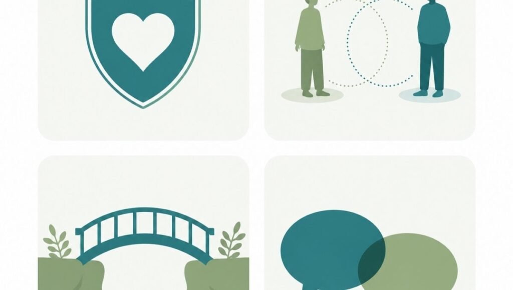 Illustration showing four dimensions of relationship health: emotional safety, mutual respect, repair capacity, and honest communication
