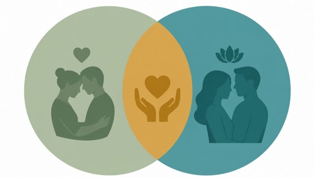 Diagram showing the interconnection between relationship health and sexual well-being with overlapping circles
