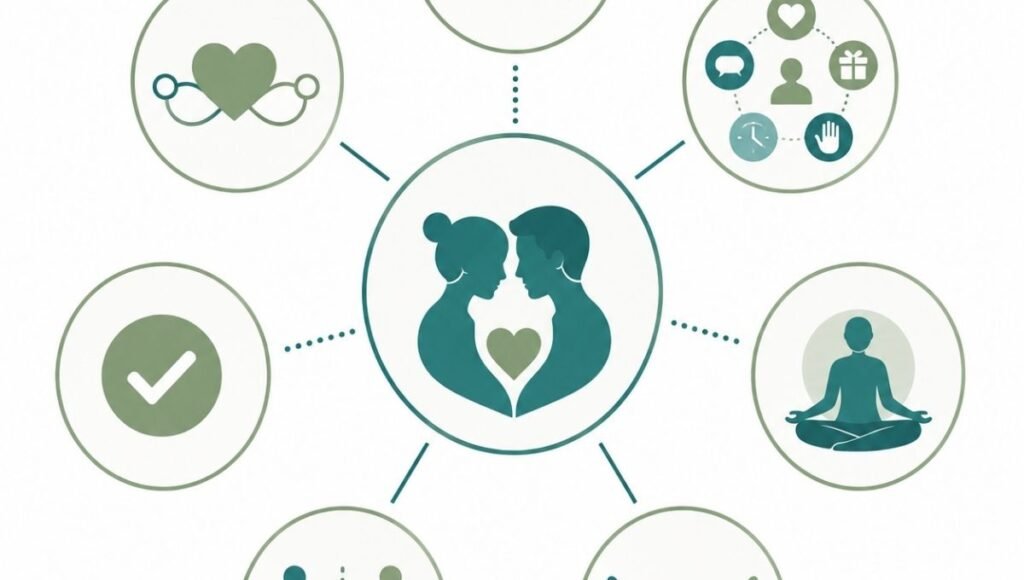 Hub diagram showing seven relationship and intimacy health topics covered on PureInti including communication, consent, and emotional intimacy
