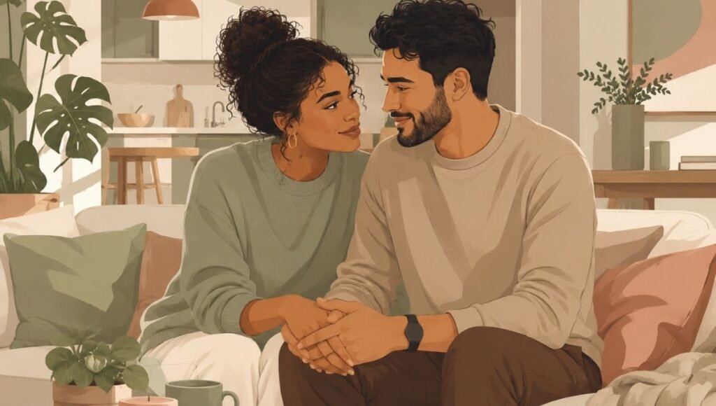 Couple sitting together with genuine warmth and attention representing relationship and intimacy health and emotional connection