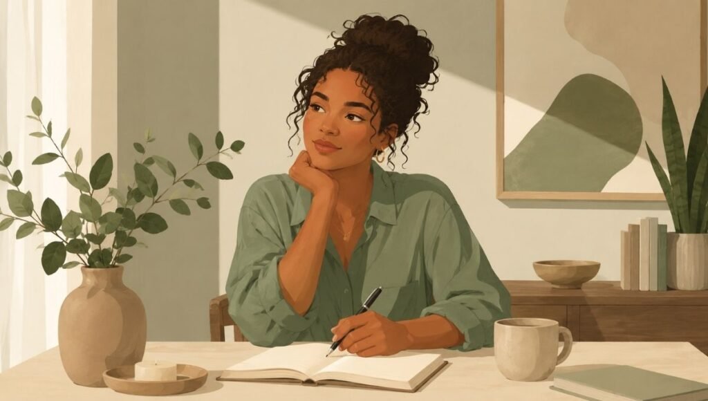 Woman sitting thoughtfully with a journal representing the process of identifying and setting boundaries in relationships
