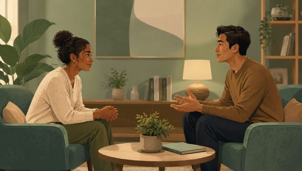 Two adults in an open, respectful conversation representing enthusiastic consent and communication in relationships